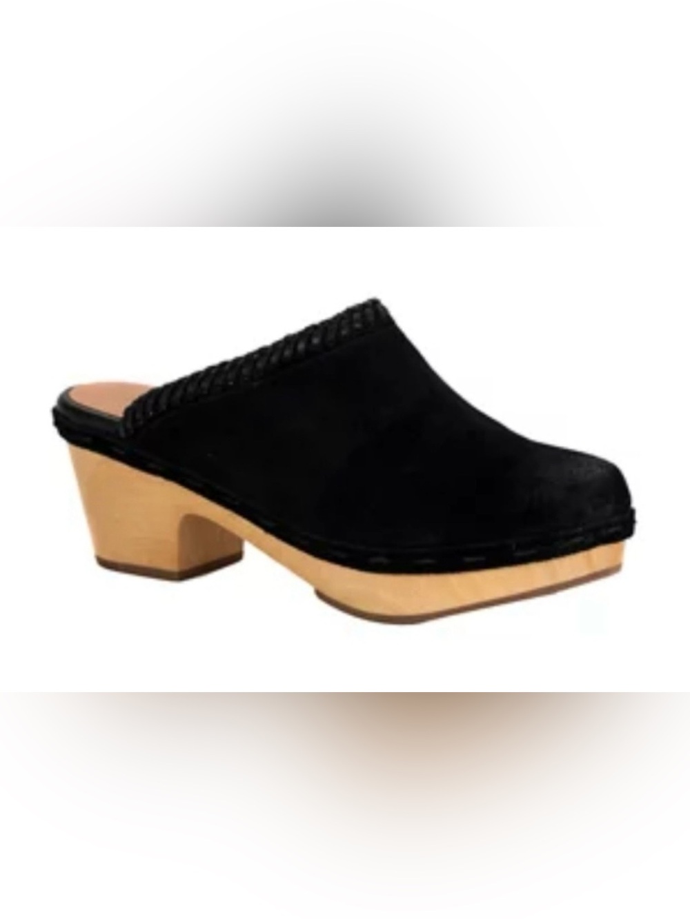 FRYE AND CO. Black Suede Slip-On‎ Clog with Wood-Look Heel